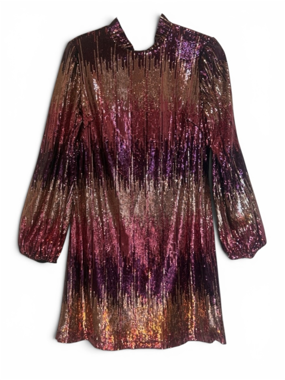 Maison Tara Ombre Sequin Long Sleeve Dress in Burgundy, Gold, Black